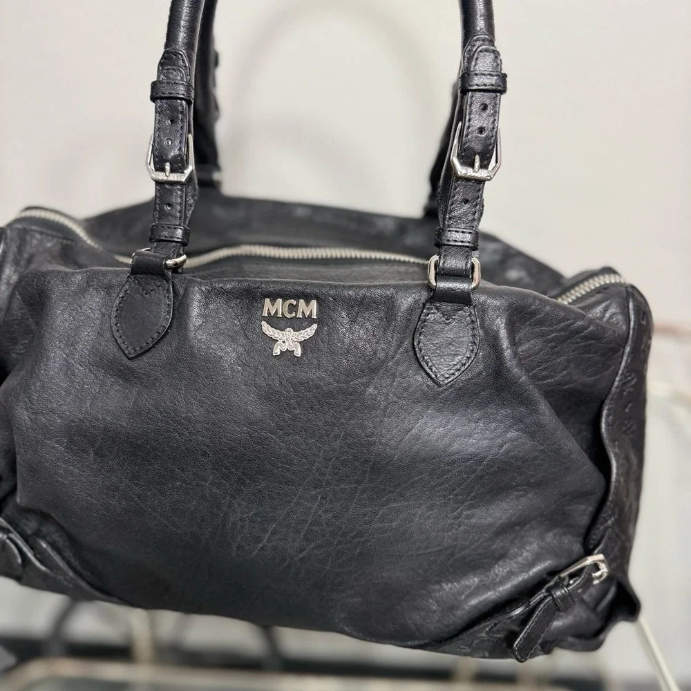 MCM Black Leather Satchel with Silver Accents - Picture 5 of 15